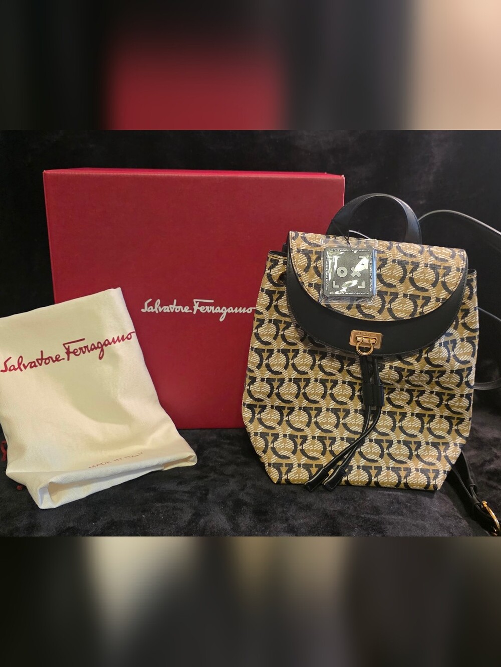 Salvatore Ferragamo Tan Monogram Backpack with Black Trim
